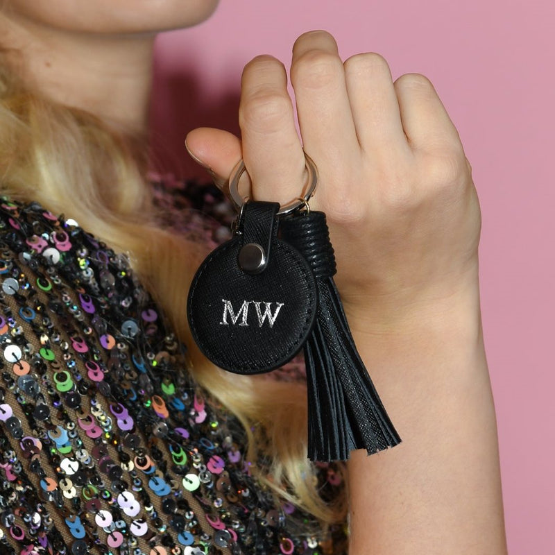 Personalised Tassel Key Ring | Black Saffiano Leather Silver