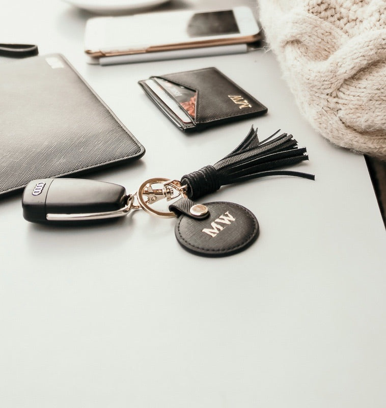 Personalised Tassel Key Ring | Black Saffiano Leather | Gold